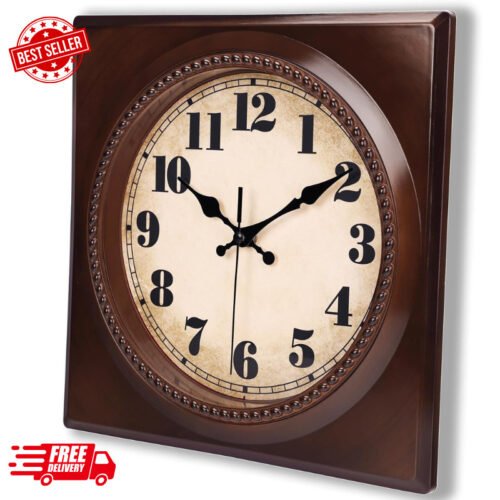 12 Inch Red Vintage Wall Clock - Square Retro Wall Clocks Battery Operated Silen