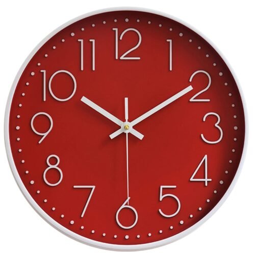 12 Inch Red Wall Clock Battery Operated Silent Non-Ticking Round Classic