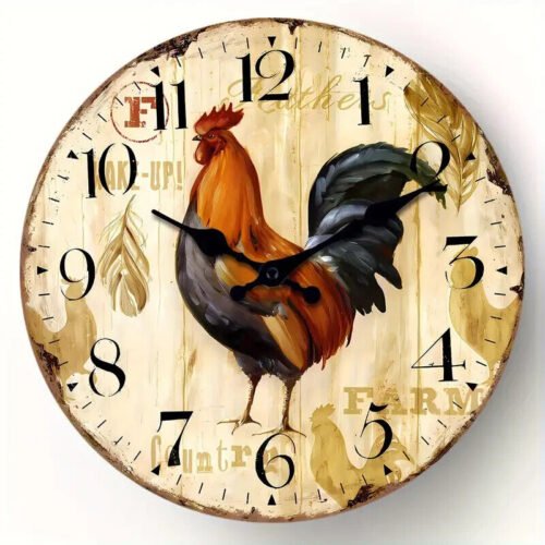 12 Inch Rustic Rooster Silent Easy to Read Wall Clock NEW!