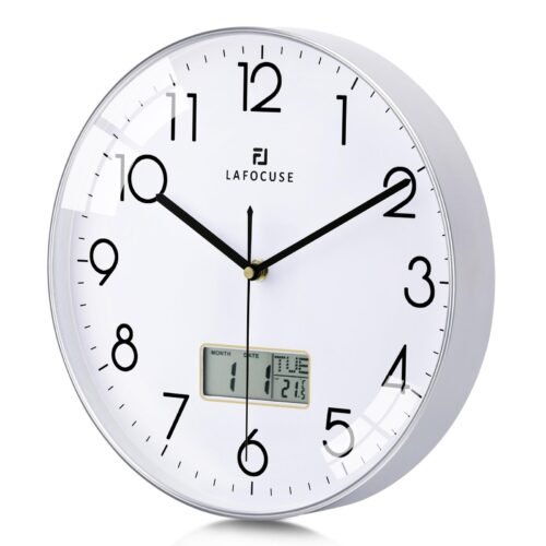 12 Inch Silent Modern Silver Wall Clocks with Date and Day, Analog Battery Op...