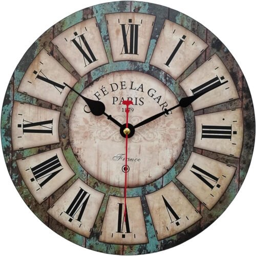 12 Inch Silent round Wooden Wall Clock Rustic Country Style, Battery Operated, V