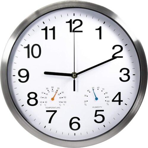 12 Inch Silver Aluminum Frame Wall Clock with Thermometer Hygrometer Battery Ope