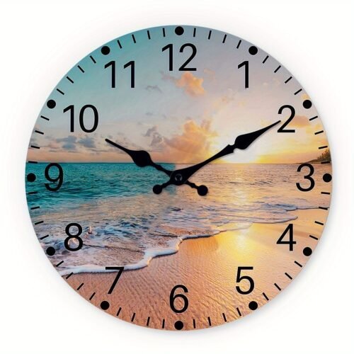 12 Inch Sunset Beach Wooden Wall Clock Silent Quartz Clock No Ticks