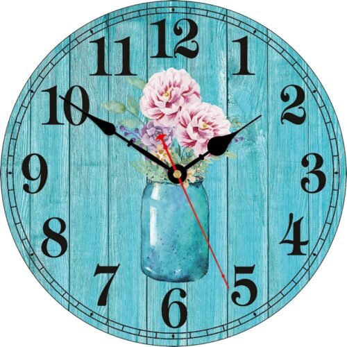 12 Inch Teal Flowers Wall Clock Wood Vintage Floral Clocks Decorative Battery...