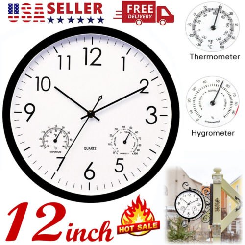 12" Inch Wall Clock Indoor Outdoor Waterproof with Thermometer&Hygrometer Combo