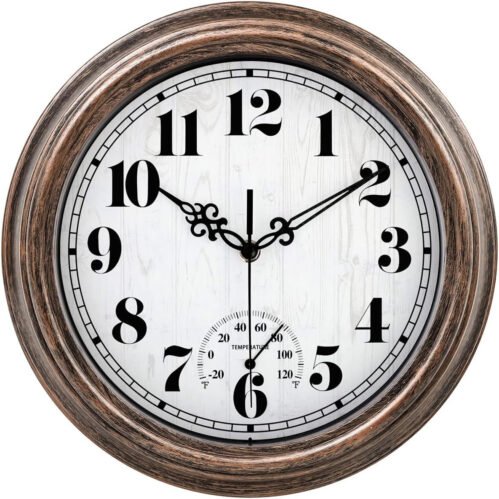 12Inc Indoor/Outdoor Retro round Waterproof Wall Clock with Thermometer, Silent