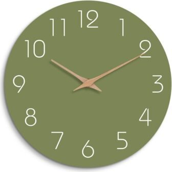 12 in. Green Analog Silent Non Ticking Wood Wall Clock Battery Operated...