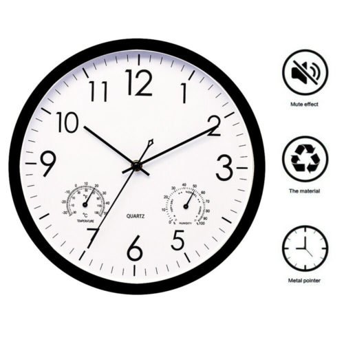 12" Large Wall Clock Silent Indoor Battery Powered Analog Thermometer Hygrometer