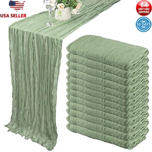 12 Pack Sage Green Boho Gauze Table Runner 35x120 inch Wedding Decor Set of 12