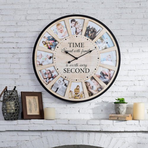 12 Picture Frames Collage Wall Clock, Vintage Rustic Family Photo Clock, Large F