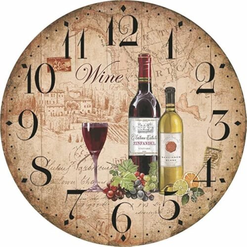 12" Retro Vintage Wine Pattern France Style Non-Ticking Silent Wooden Wall Clock