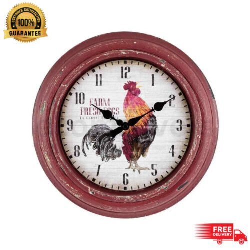 12" Round Distressed Red Rooster Quartz Analog Wall Clock Rustic Farmhouse Style