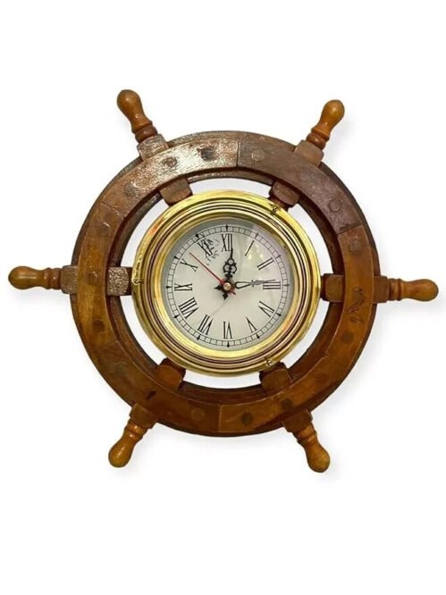 12" Ship Wheel Clock - Nautical Decorative, Premium Wood Porthole Design