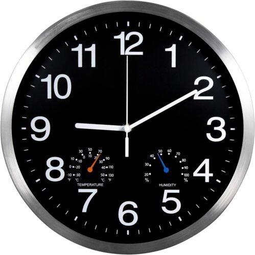 12' Silver Aluminum Frame Wall Clock with Thermometer Hygrometer Home livingroom