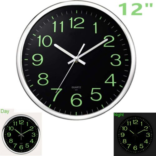12'' Wall Clock Large Luminous Quartz Night Lights Glow In The Dark Silent Home