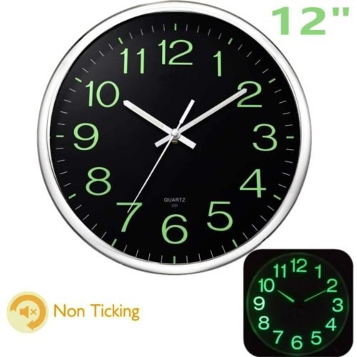 12'' Wall Clock Large Quartz Silent Luminous Glow In the Dark Indoor Home Office