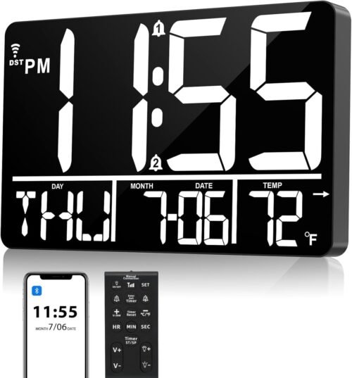 13" Bluetooth Auto Sync Wall Clock - Large Digital Alarm Clock with Remote 25...