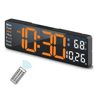 13 in. Black Case Orange LED Digital Clock Thermoplastic with Remote Control,...