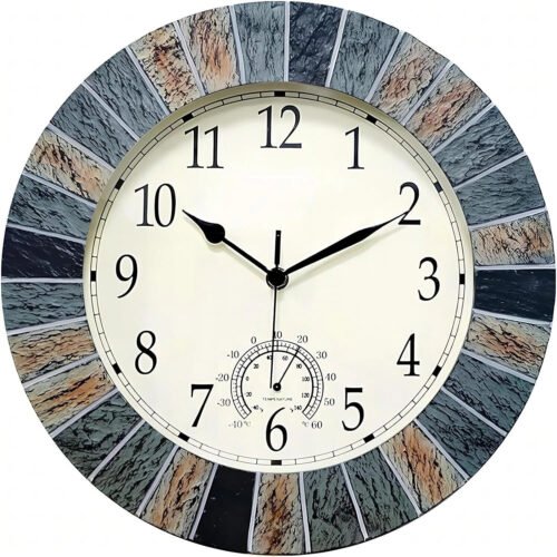 13 Inch Large Outdoor Indoor Clock, Waterproof Wall Clock with Thermometer, W...