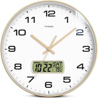 13 in. Gold Analog Non Ticking Battery Operated with LCD Display for Ideal
