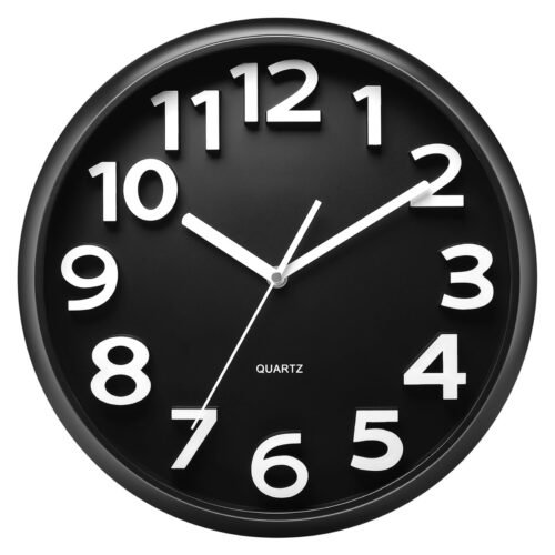 13in Wall Clock Silent Non-Ticking Black Modern with 3D Numbers for Decor