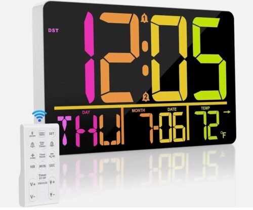 13" Large Digital Wall Clock with Remote, RGB Color Changing, 25 Ringtones