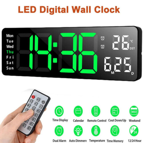 13" Large LED Digital Wall Clock Temperature Date Display Alarm Clock Countdown