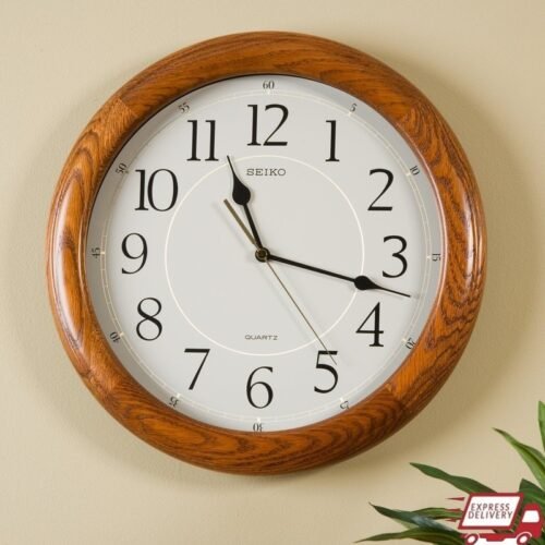 13" Round Brown Oak Durable Quiet Sweep Wall Clock Analog Quartz QXA129BLH