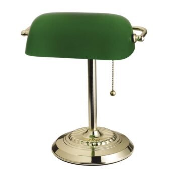 13.5 in. Polished Brass Banker Desk Lamp Glass Shade