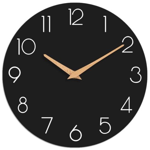 14in Black Wooden Wall Clock Silent Non-Ticking Decorative Battery