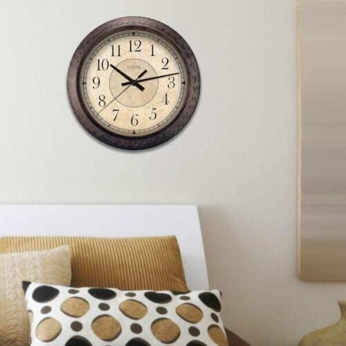 14 in. Brown Battery Operated Quartz Display Analog Round Wall Clock Home Decor