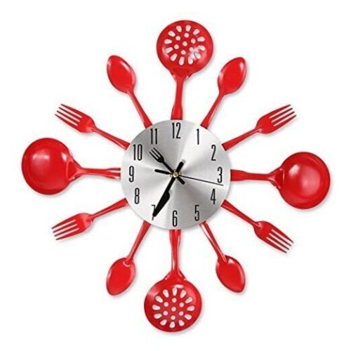 14 Inch Cutlery Kitchen Wall Clocks with Fork and Spoon Dial, Silent Clock Red