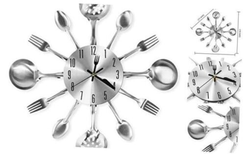 14 Inch Cutlery Kitchen Wall Clocks with Fork and Spoon Dial, Silent Silver