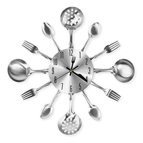 14 Inch Cutlery Kitchen Wall Clocks with Fork and Spoon Dial, Silent Silver