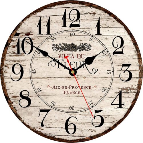 14 Inch French Country Wall Clock, Wooden, Battery Operated, Non-Ticking, Easy t