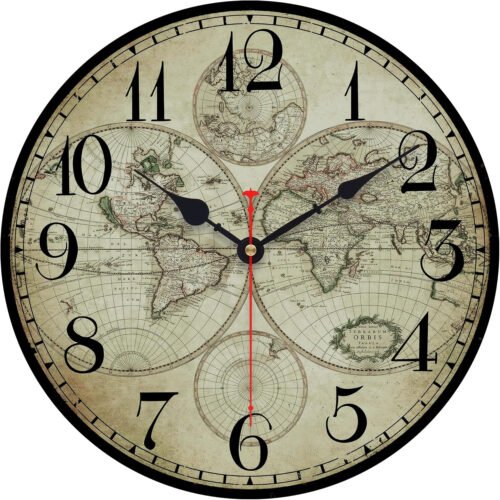 14 Inch Wooden Wall Clock Globe World Map Retro Vintage Rustic Wall Clocks Silen