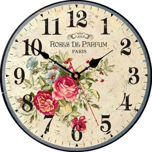 14 Inch Wooden Wall Clock Vintage Parfum Roses Style for Kitchen Office Home ...