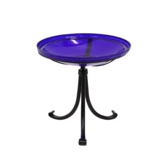 14 in. Dia Round Cobalt Blue Crackle Glass Birdbath with Black Wrought