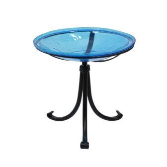 14 in. Dia Round Teal Blue Crackle Glass Birdbath with Black Wrought