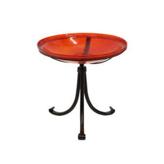14 in. Dia Round Tomato Red Crackle Glass Birdbath with Black Wrought
