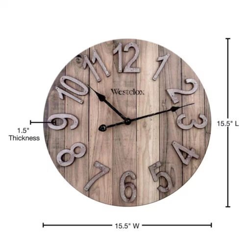 15.5" MDF Brown Farmhouse Wall Clock Raised Numbers Washed Wood Grain Plank Dial