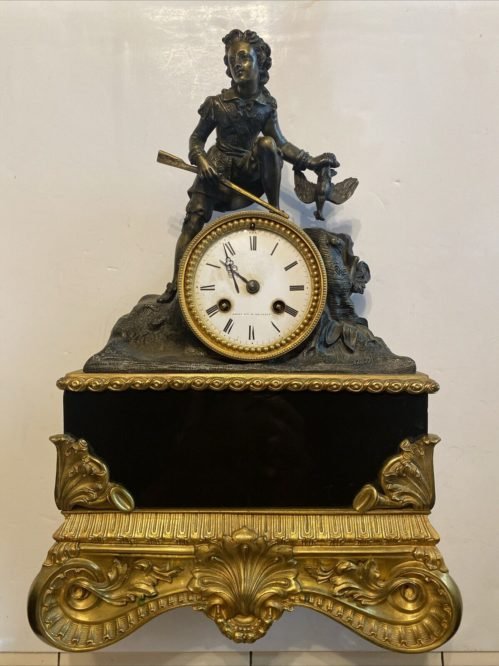 15” Antique French Empire BOY HUNTING “ARERA BEVETE”. Mantel Clock