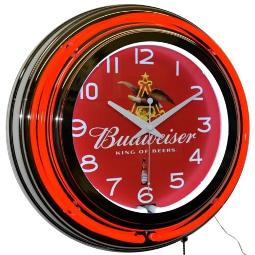 15" Budweiser King Of Beers Double Neon Clock Man Cave Pub Bar Decor (Red)