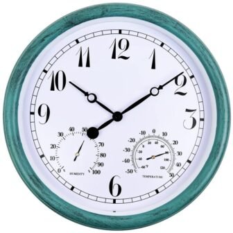 15 in. Indoor/Outdoor Waterproof,with Thermometer and Hygrometer Combo,Round Silent Battery Operated Quartz...