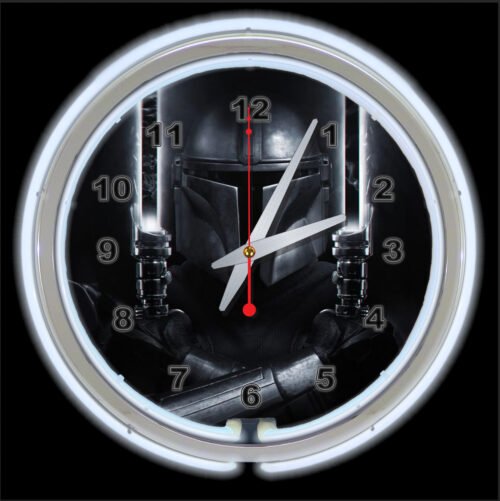15" Mandalorian Star Wars Sign Double Neon Wall Clock White Light Saber
