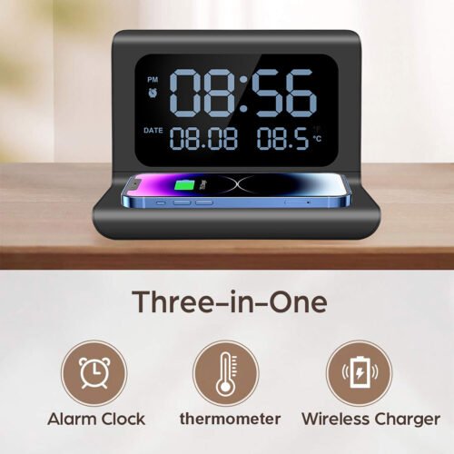 15W Alarm Clock Wireless Charger Station Thermometers For iPhone Samsung Google
