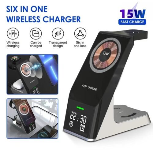 15W Magnetic Wireless Fast Charger Stand Foldable 6in1 Alarm Clock Dock Station