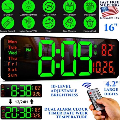 16" BIG DIGITAL JUMBO LED CLOCK WALL MOUNT LARGE NUMBERS TIMER DATE TEMPERATURE