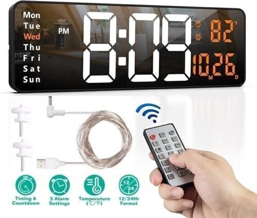 16" Digital LED Desk Alarm Clock Large LCD Display Wall Clock Remote Date Timer