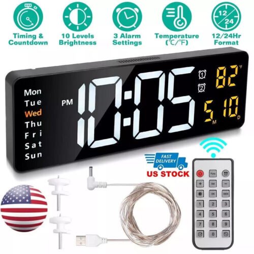 16" Digital LED Desk Alarm Clock Large LCD Display Wall Clock Temperature Date
